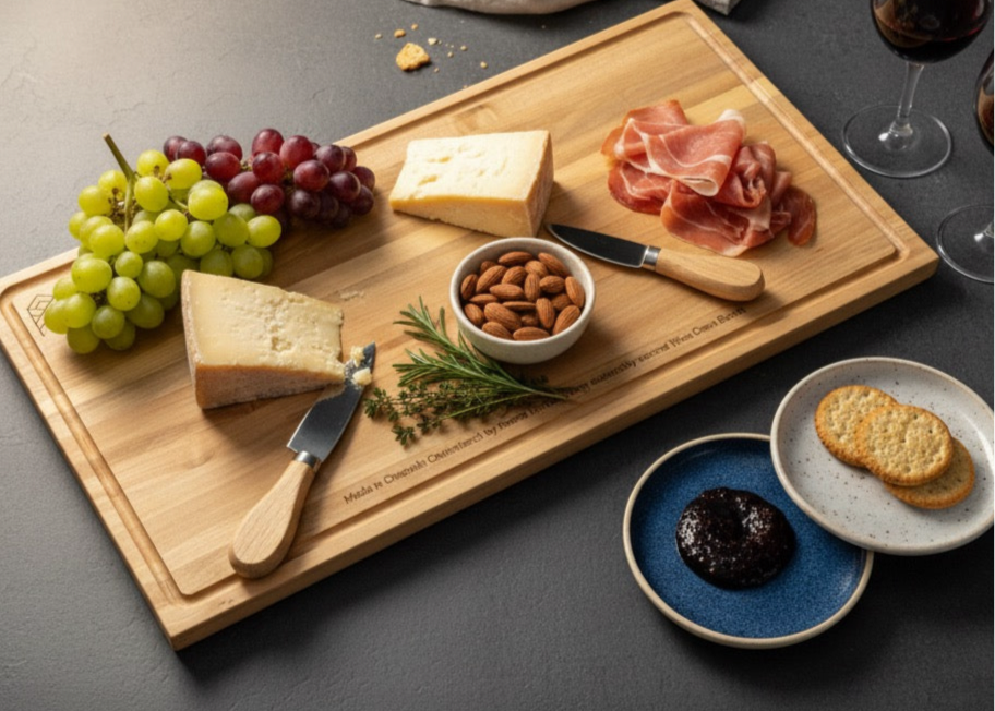 Wooden cutting board with cheese, grapes, prosciutto, and other snacks on a dark surface.
