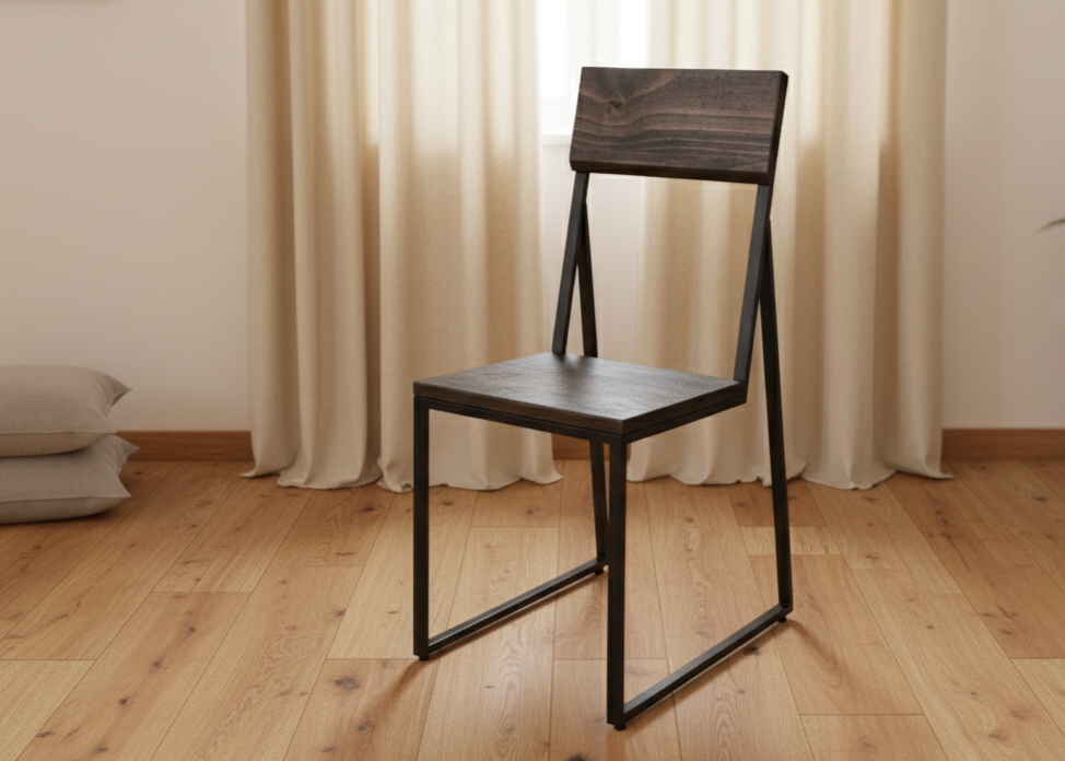 Wooden chair in a room with curtains and a plant