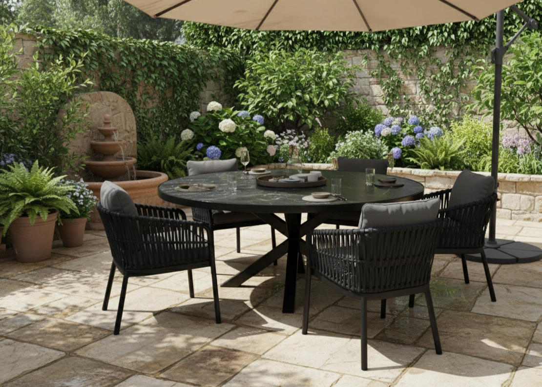 Outdoor patio set with round table and chairs under a large umbrella, surrounded by garden plants.