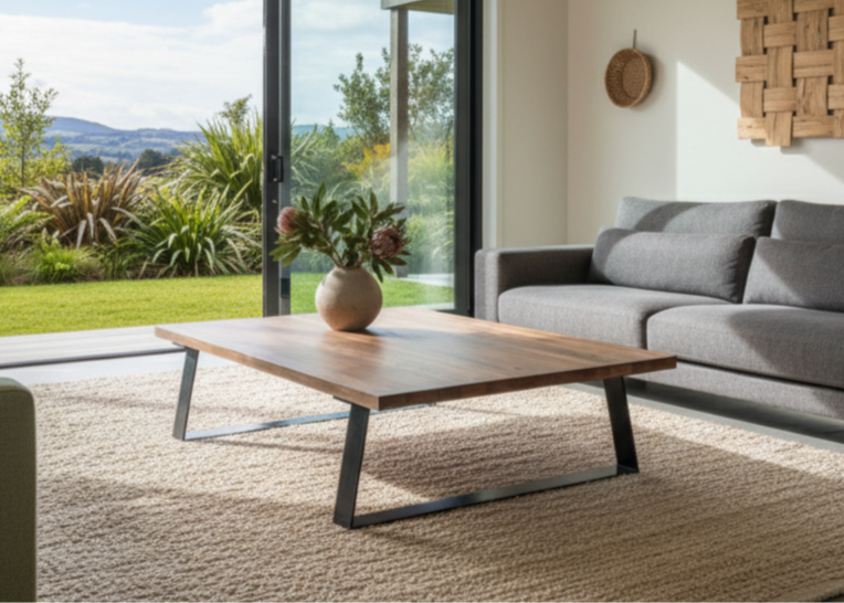 Modern living room with grey sofa, wooden coffee table, and large glass doors overlooking a garden.