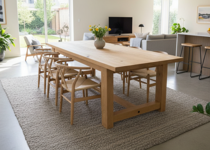 A classic farmhouse-style dining table made of solid timber, with thick wooden legs and a richly grained rectangular top, set in a cozy dining space with country decor.