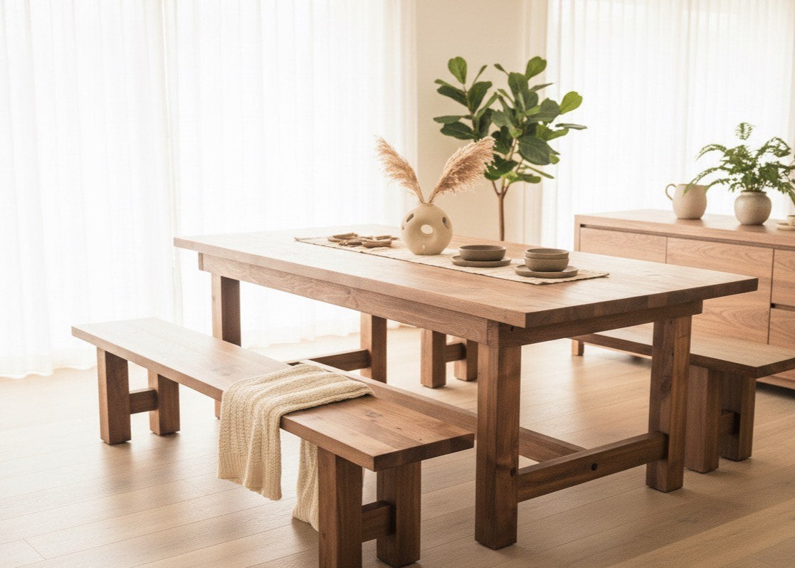 Wooden dining table with benches in a bright room with plants and decor.