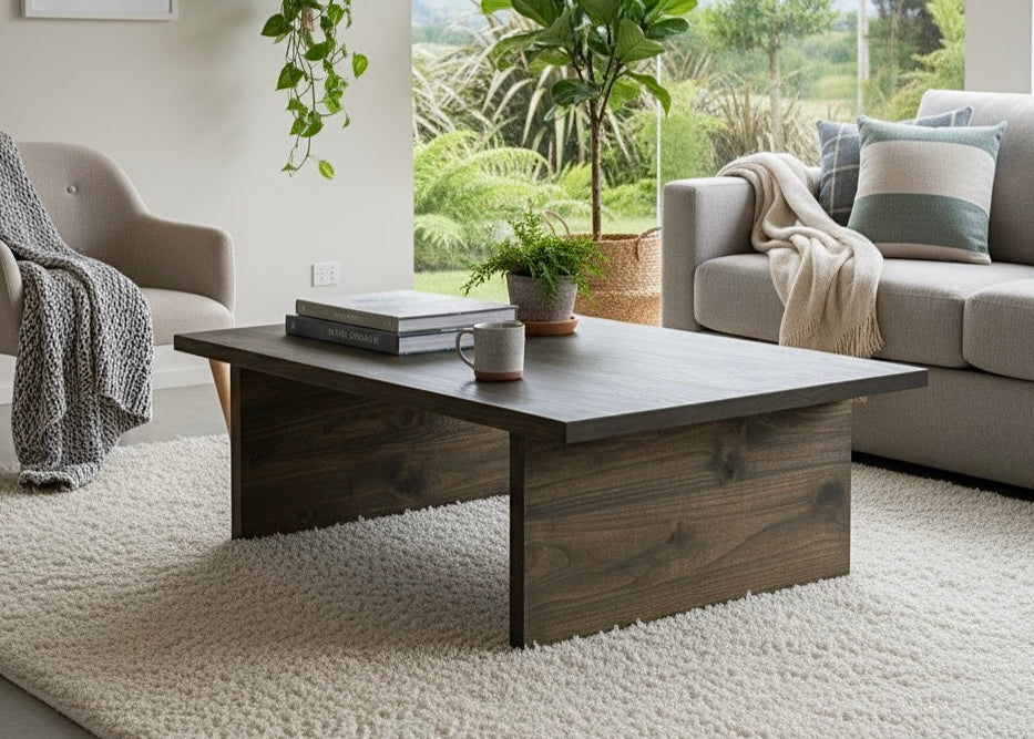 Modern living room with a wooden coffee table, books, and a cup.