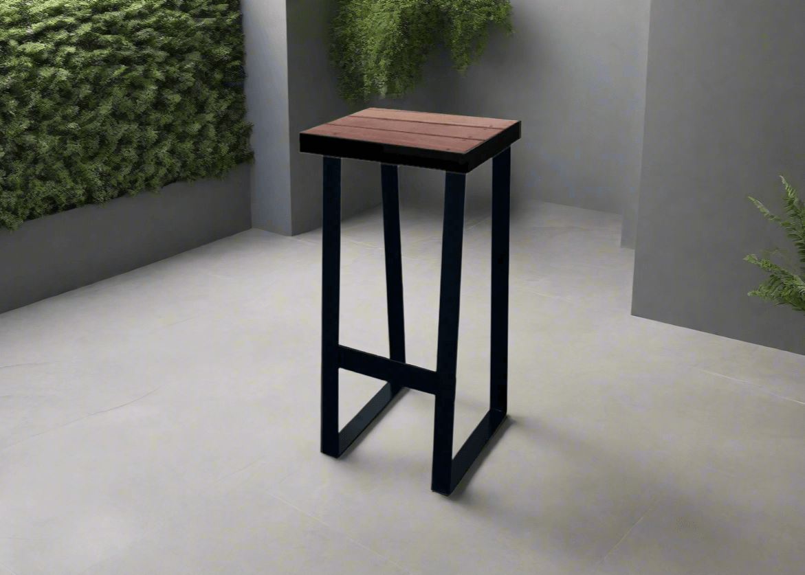 A black and brown outdoor bar stool made of steel and wood, placed on a tiled floor with plants in the background.