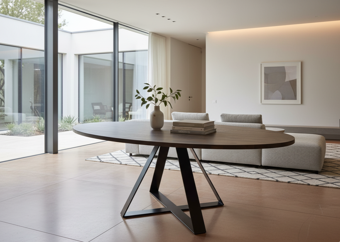 Modern dining table in a stylish living room with large windows.