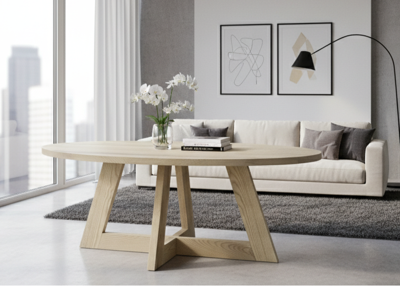 A handcrafted solid wood oval dining table with a smooth polished surface and gently curved ends, set in a contemporary dining room with complementary chairs.