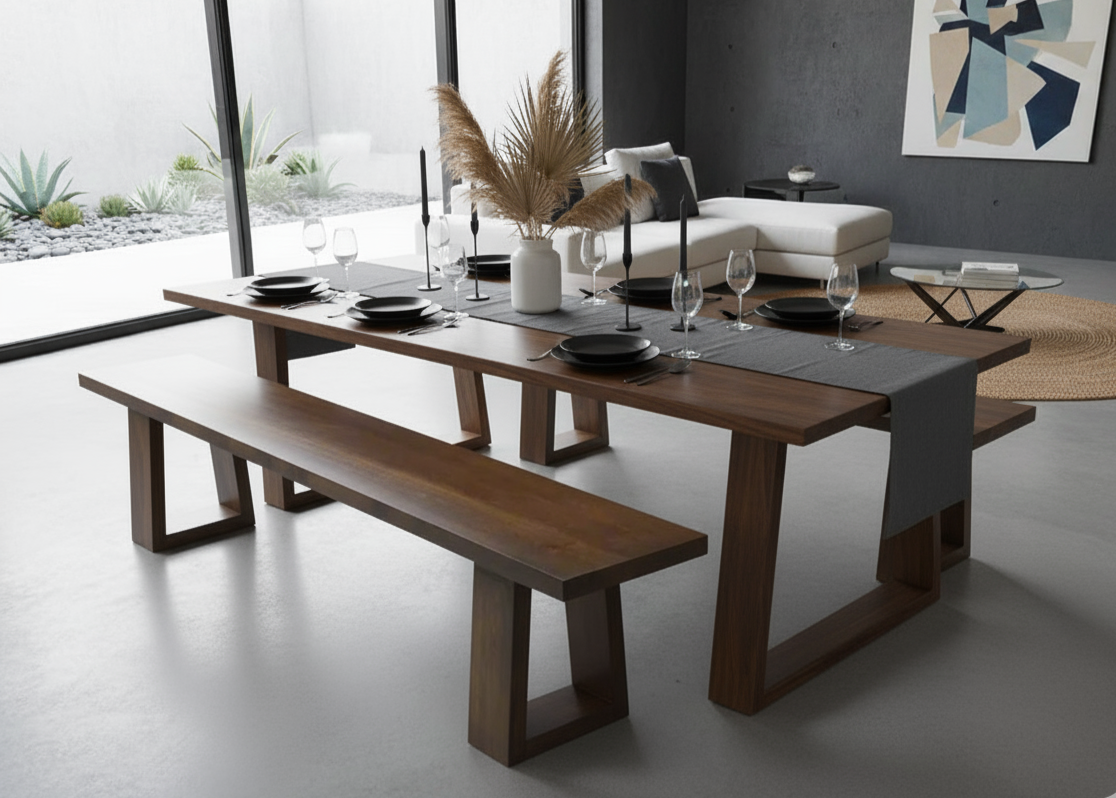 Modern dining table with benches in a stylish living room setting