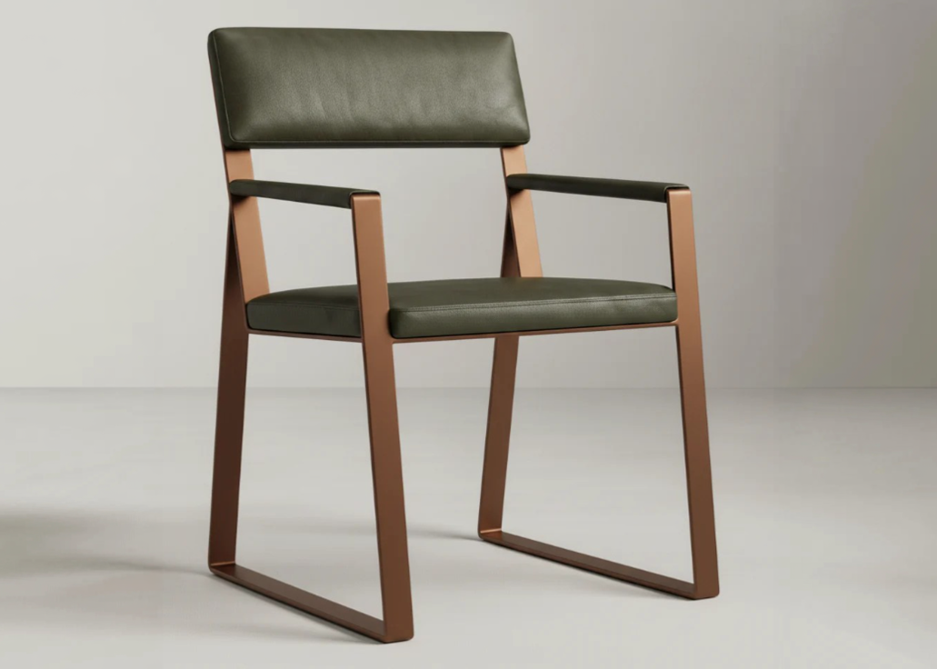 Chair with green cushioned seat and backrest on a plain background