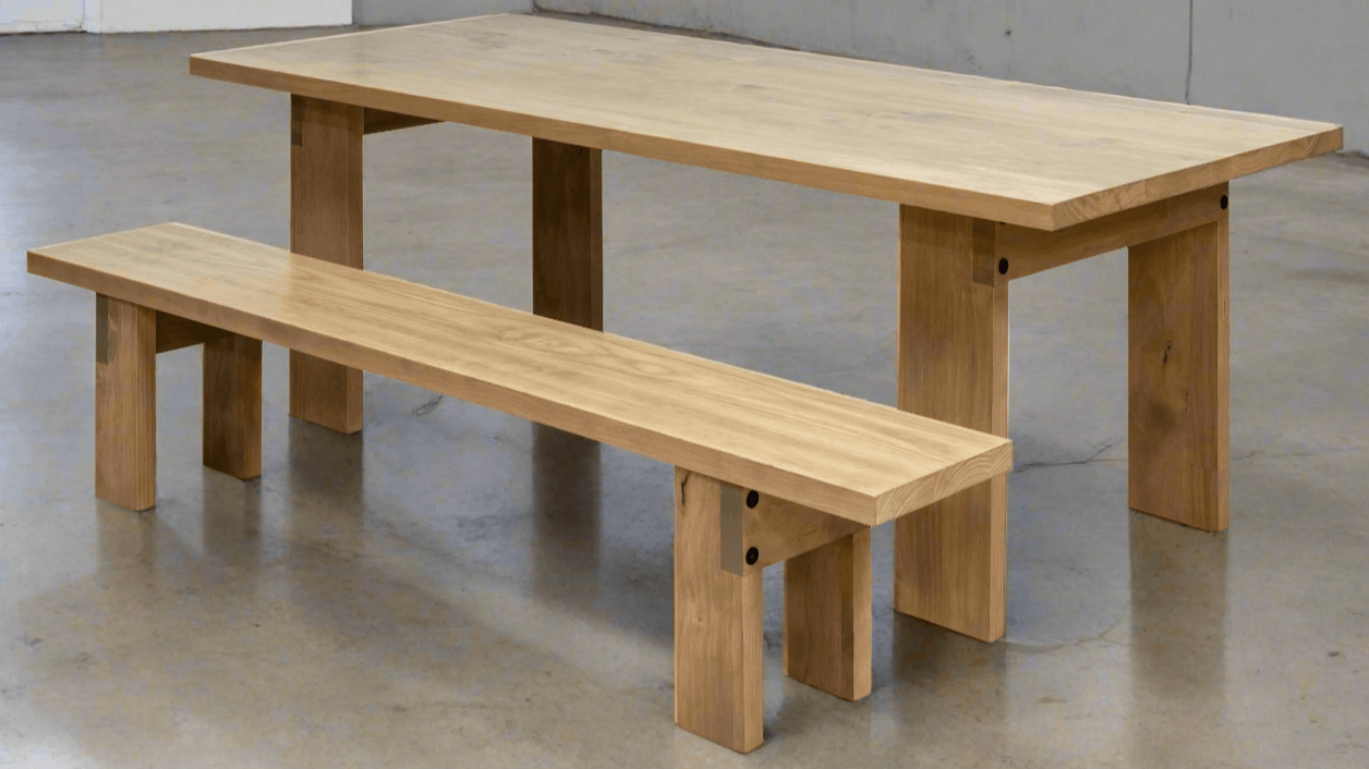A classic rectangular dining table made of solid wood, featuring straight square legs and a smooth wooden top, shown set for dinner in a traditional dining room.