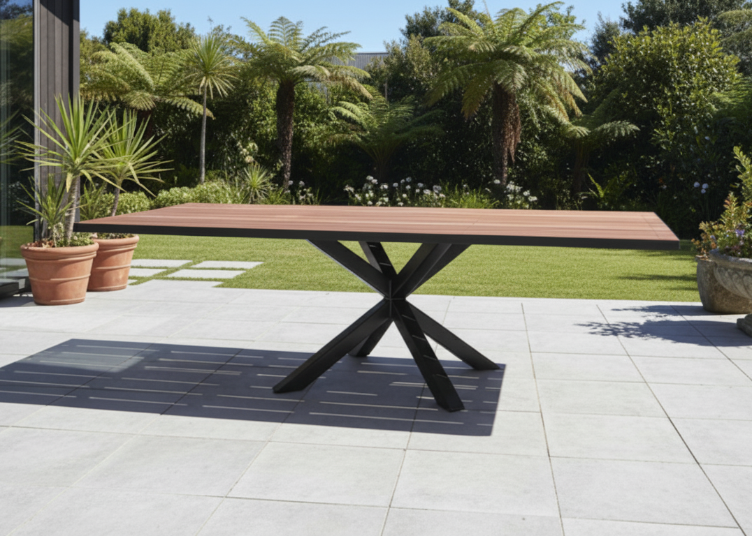 Outdoor garden table with a modern design on a patio area with plants and greenery.