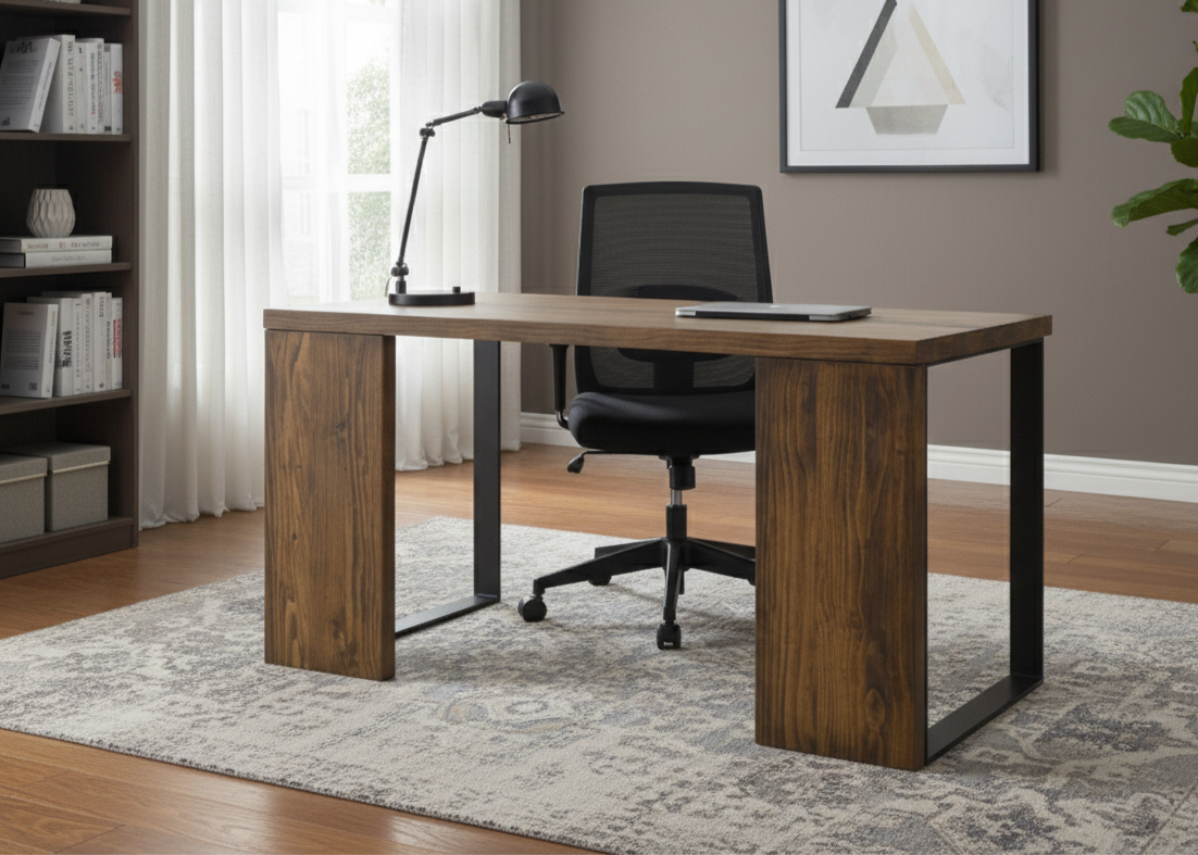 Modern office setup with a wooden desk, chair, lamp, and decor.