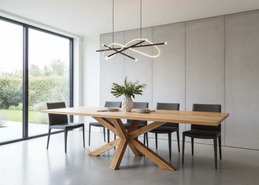 Modern dining room with a wooden table and chairs near large windows.