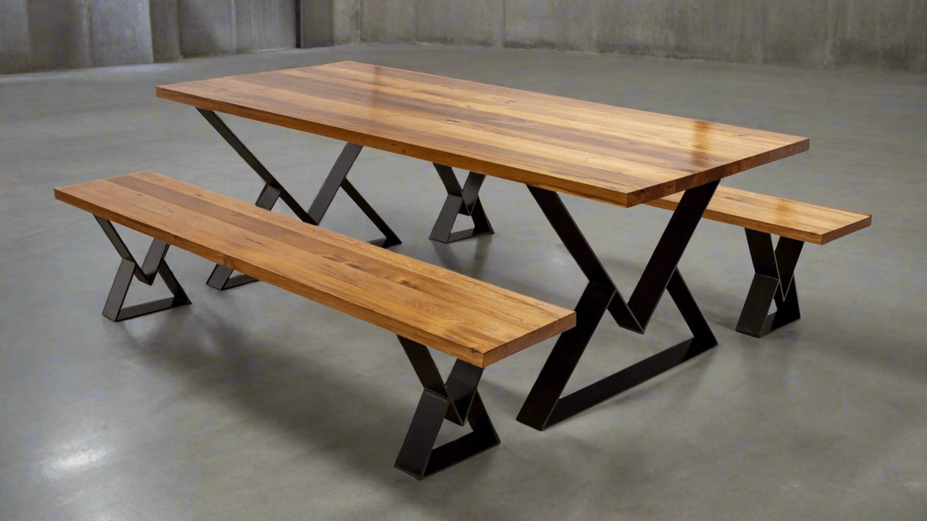 A contemporary solid wood dining table supported by distinctive Y-shaped legs, highlighting a blend of modern design and natural wood in a bright dining space.
