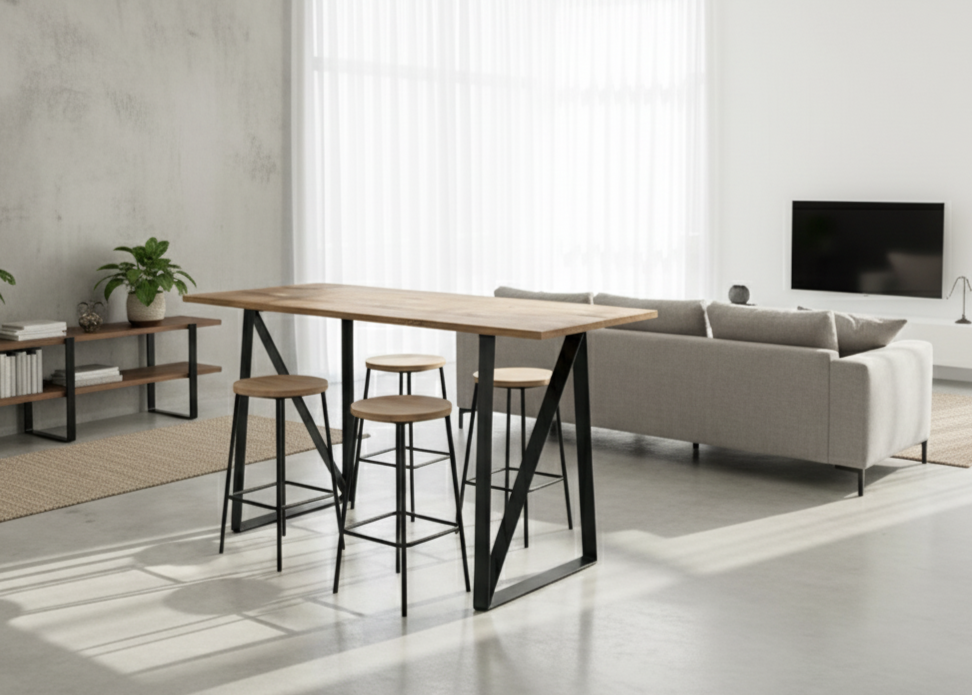 Modern living room with a wooden dining table and stools, gray sofa, and concrete wall.