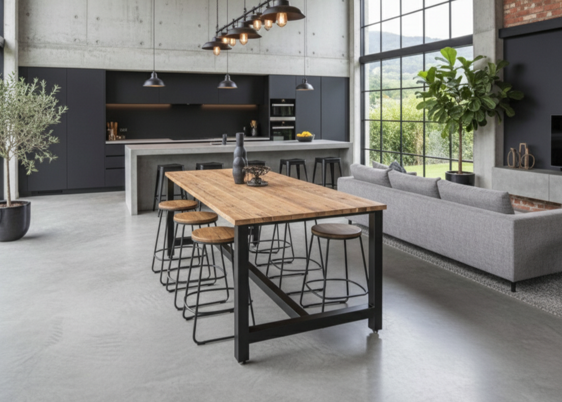 Modern kitchen and living area with a wooden dining table and stools.