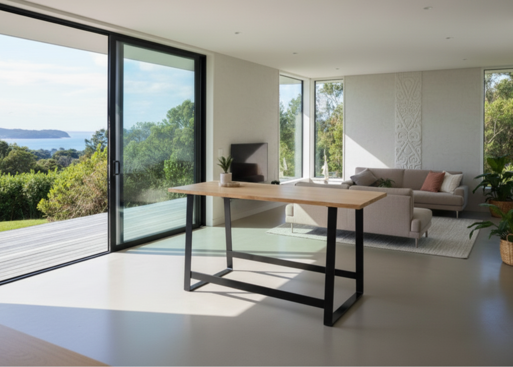 Modern living room with a wooden table, sofa, and large windows overlooking greenery.