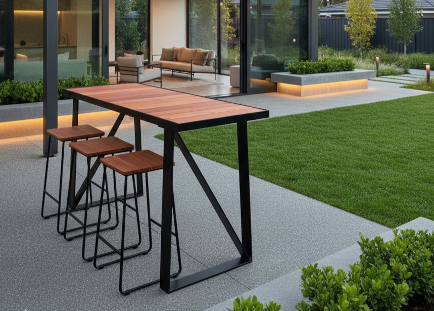 Modern outdoor patio with a wooden table and stools under a pergola.