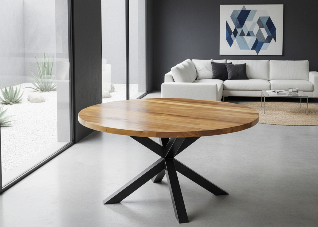 Wooden oval and round dining table with black metal legs in a modern living room.