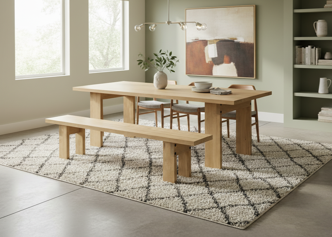 A classic rectangular dining table made of solid wood, featuring straight square legs and a smooth wooden top, shown set for dinner in a traditional dining room.