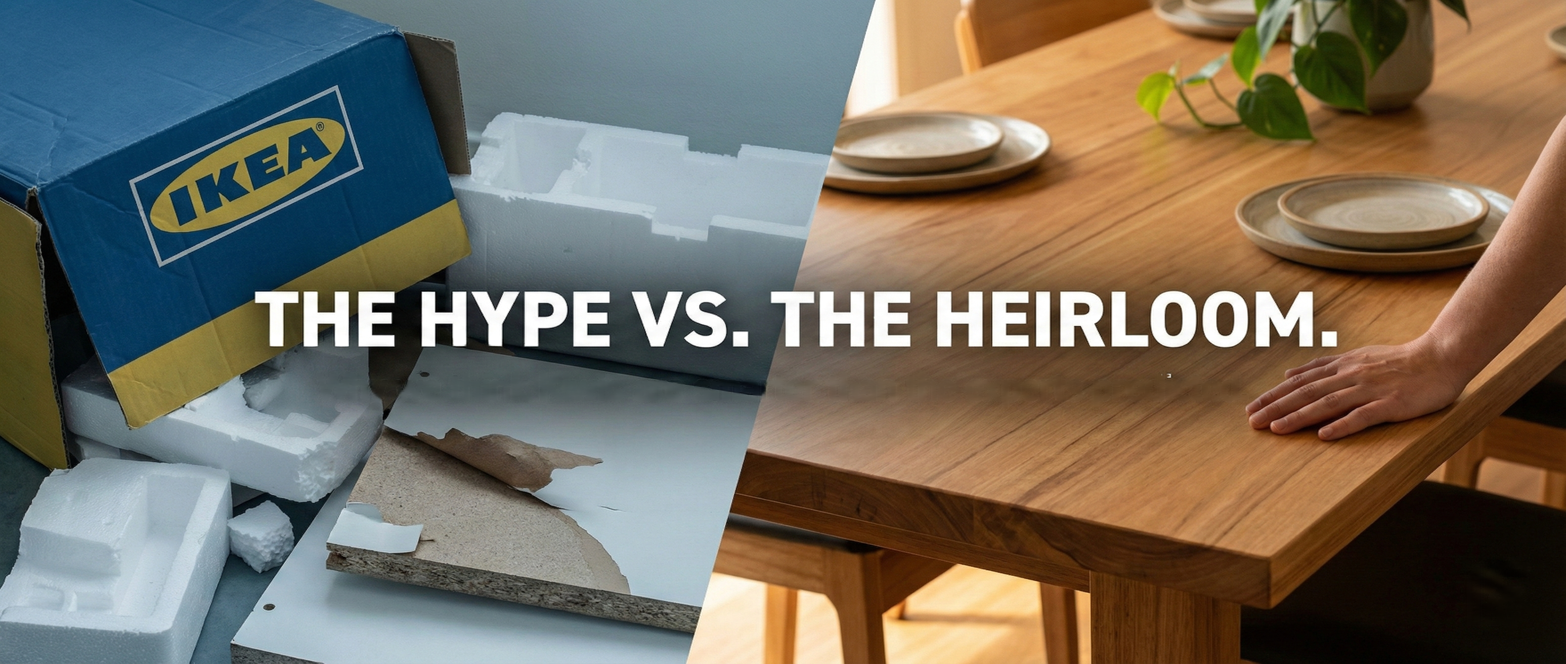 Comparison of IKEA fast furniture box vs solid NZ timber dining table by Innate Furniture