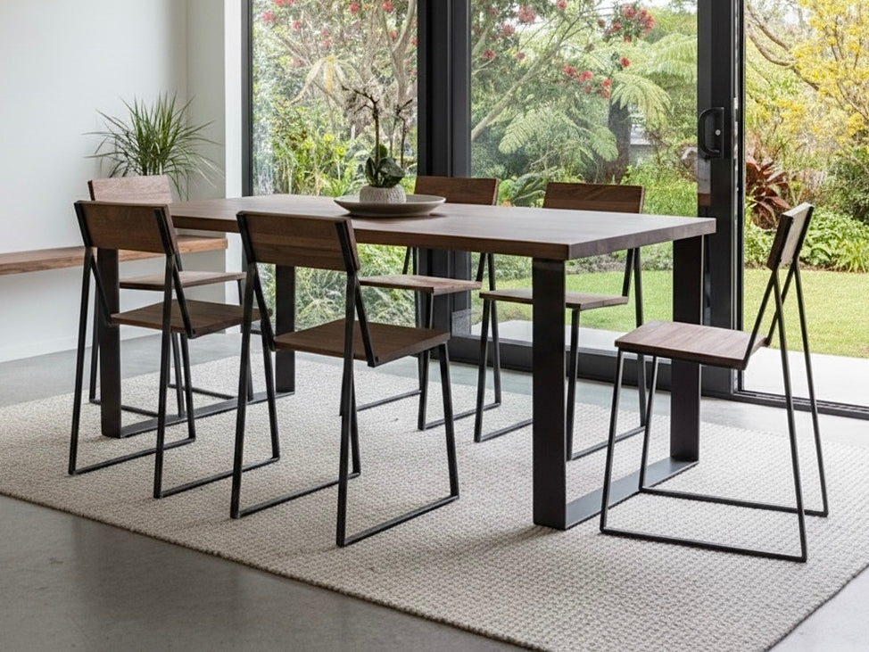 Straight Steel dining table with NZ native timber top by Innate Furniture