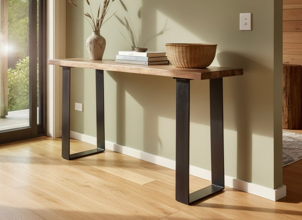 Narrow console table with wood-look top and black U-shaped legs