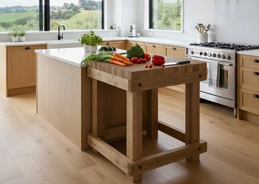 Wood-grain kitchen island work table with vegetables displayed