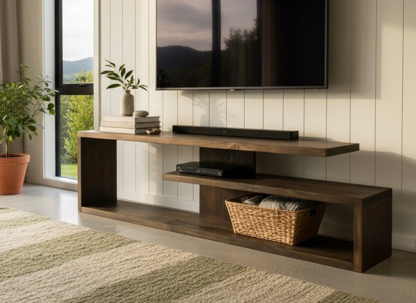 Wall-mounted entertainment unit with dark shelving below a mounted TV