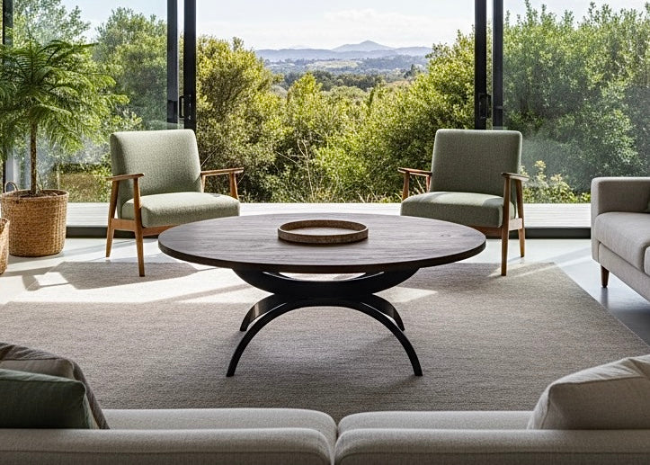 Round coffee table with dark top and curved black base in a living room