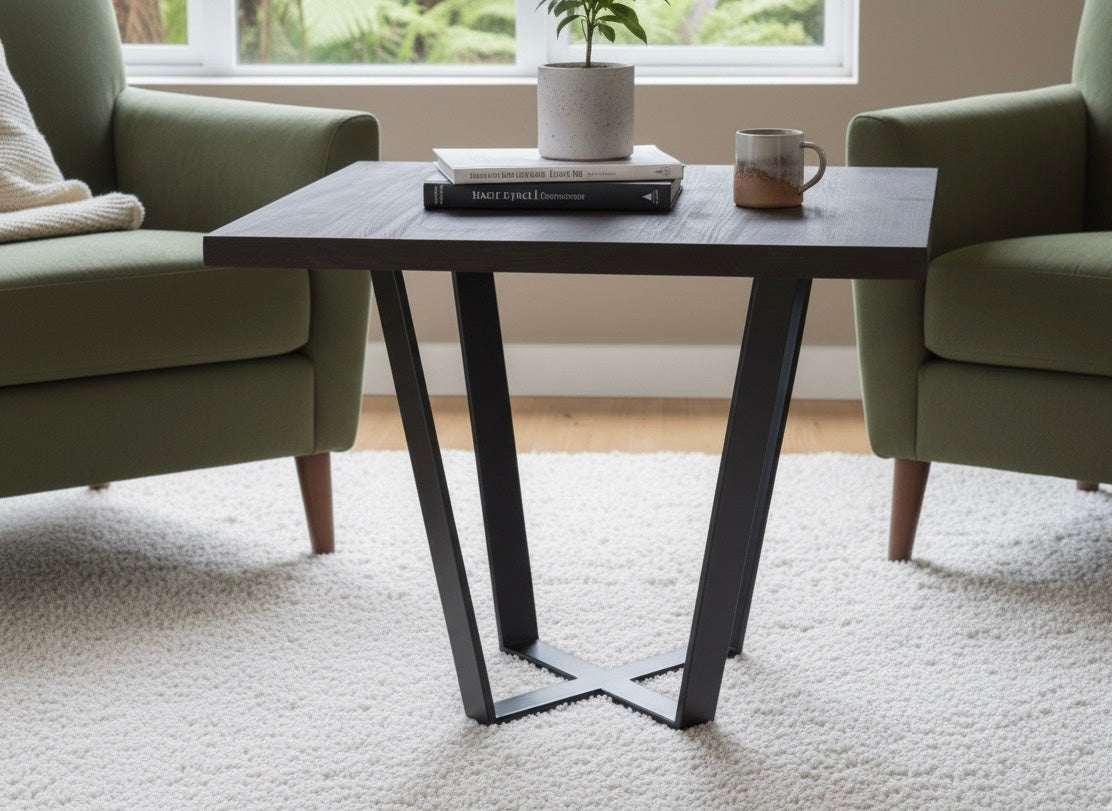 Square side table with dark top and black legs between two chairs