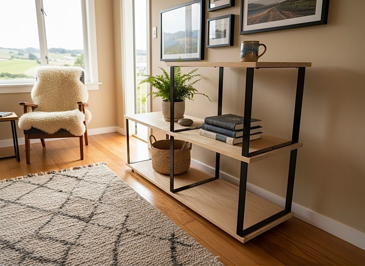 Open shelving unit with wood-grain shelves and black frame
