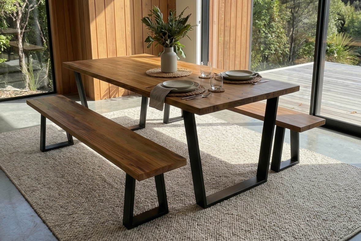 Angled steel dining table in warm solid NZ native timber with matching bench and acute-angle powder-coated steel legs, Christchurch-made