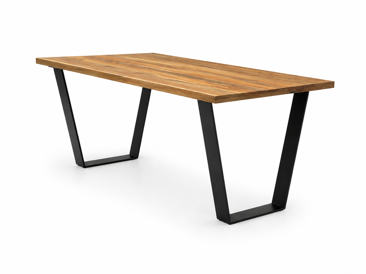 Rectangular timber dining table with black trapezoid-style steel legs on a white background