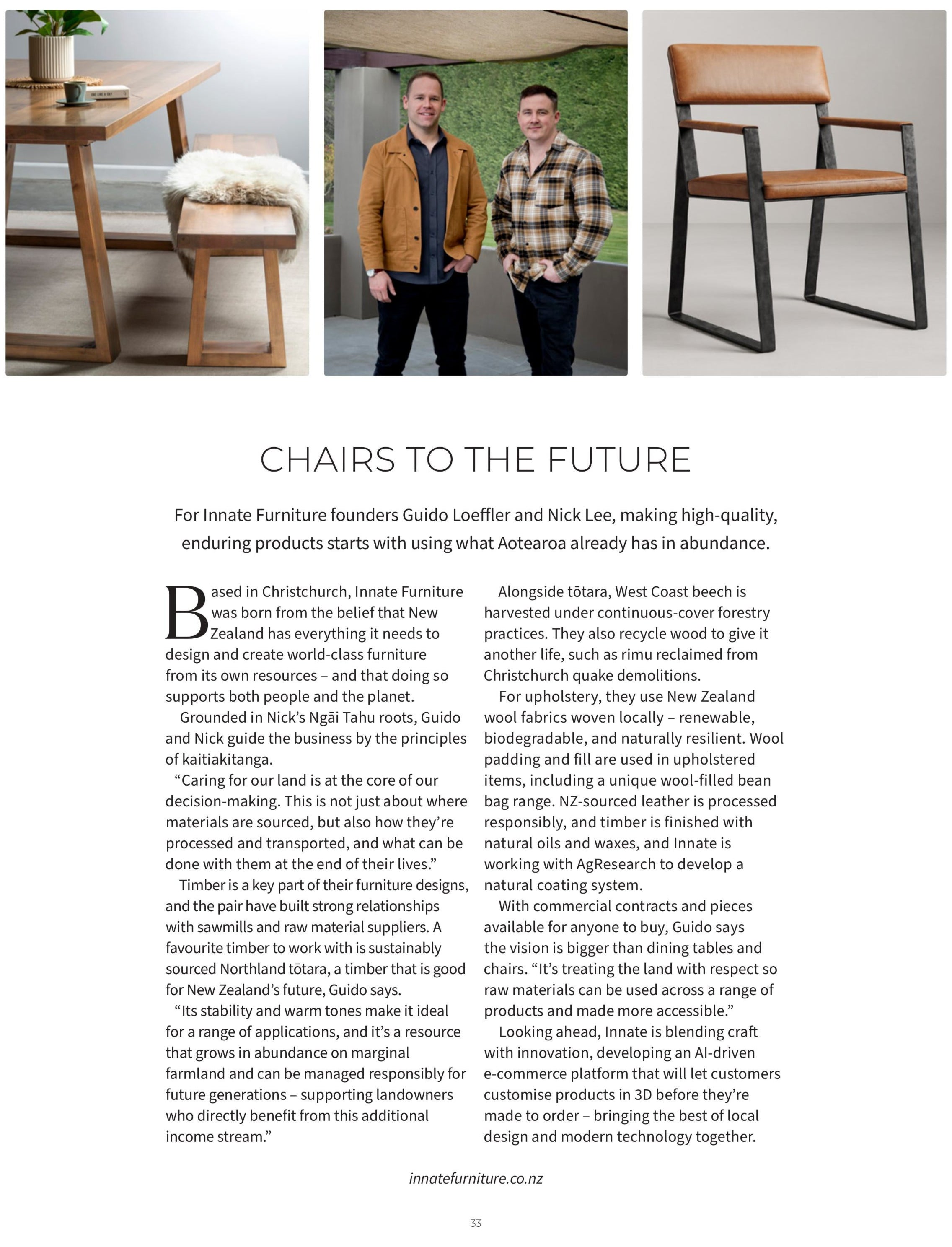 Furniture brand advertisement with chairs and two people standing next to them, featuring text about sustainable furniture design.