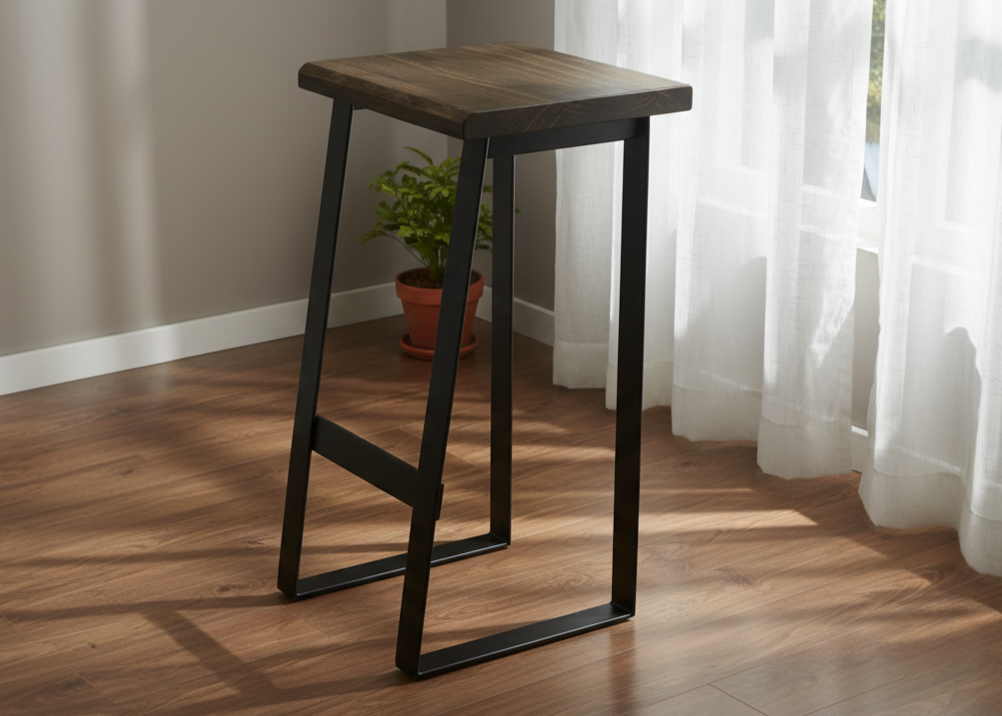 Wooden stool with black metal legs in a room with white curtains and a plant.