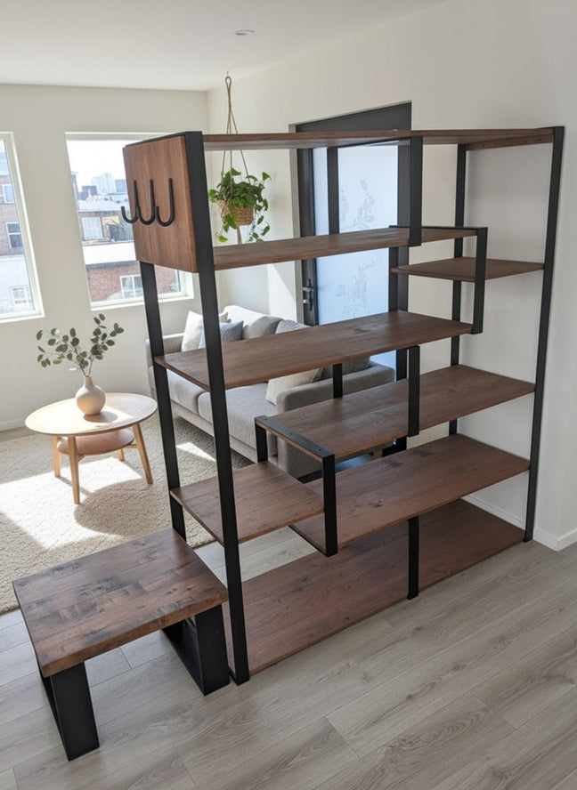 Tall open shelving unit with wood-grain shelves and black frame