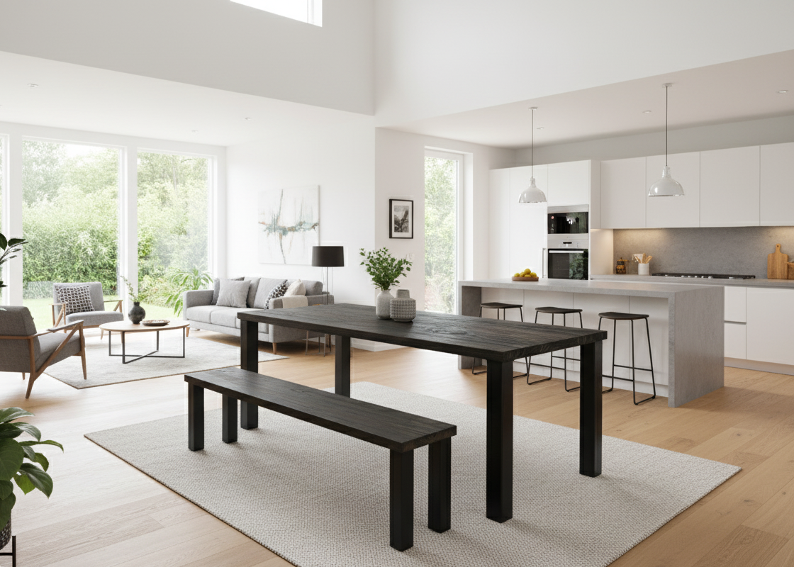 A rectangular dining table with a simple, modern design featuring straight solid wood legs flush with the ends of the table top, shown in a stylish dining area with minimalist décor.