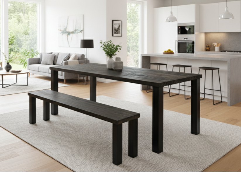 A rectangular dining table with a simple, modern design featuring straight solid wood legs flush with the ends of the table top, shown in a stylish dining area with minimalist décor.