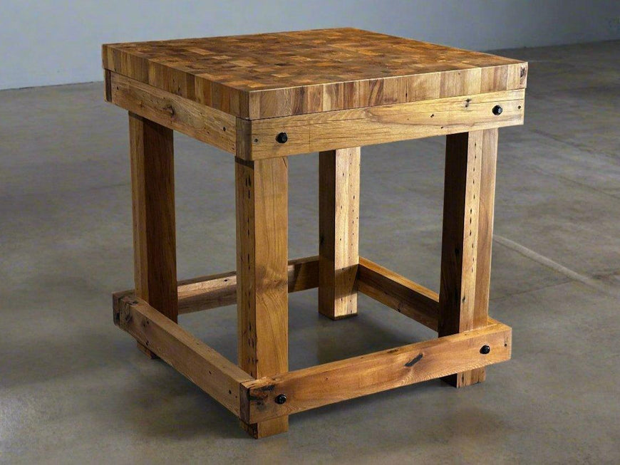 Square wood-grain work table with thick block top and lower frame