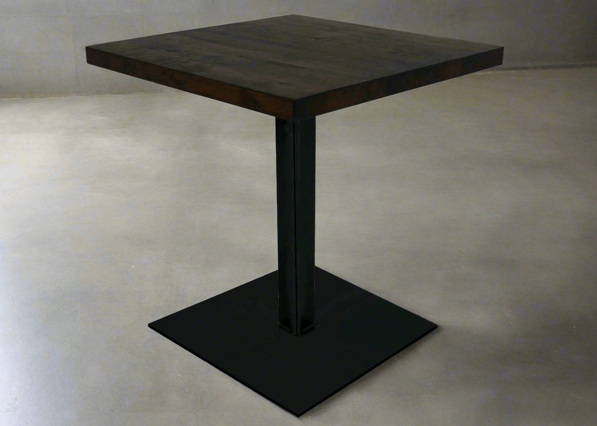 Square dark café table with central pedestal base