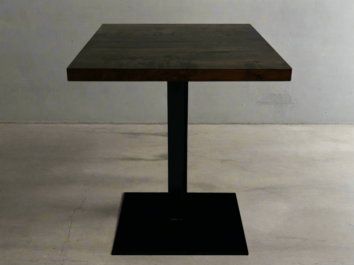 Square dark brown café table with black pedestal base