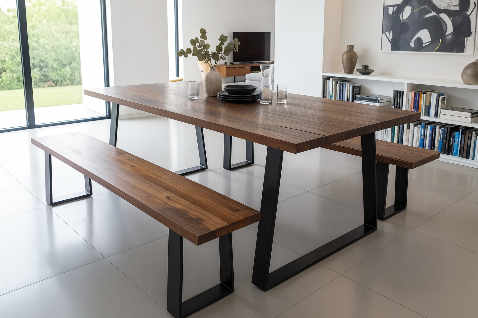 Modern dining table with benches in a bright room with large windows.