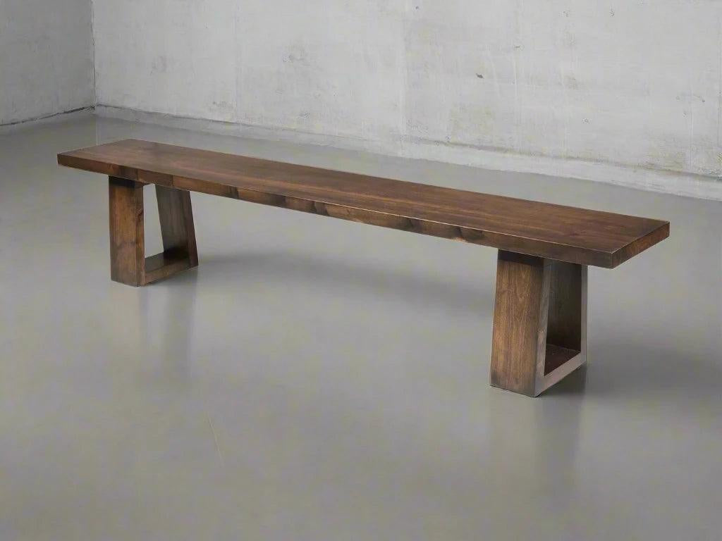 Long brown wood-grain bench with block-style legs