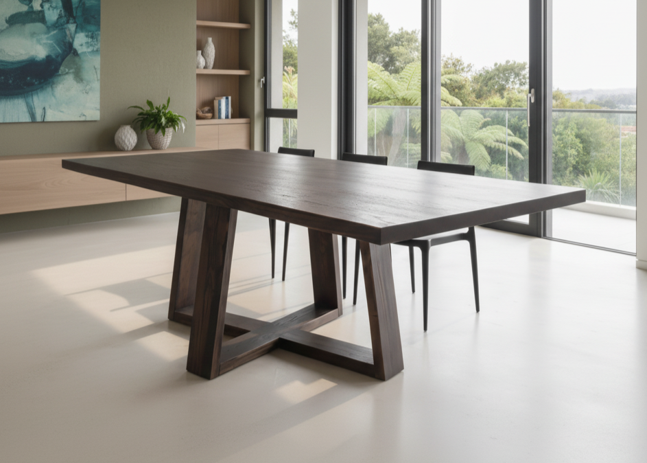 Modern dining room with a dark wooden table and chairs, large windows, and a plant.