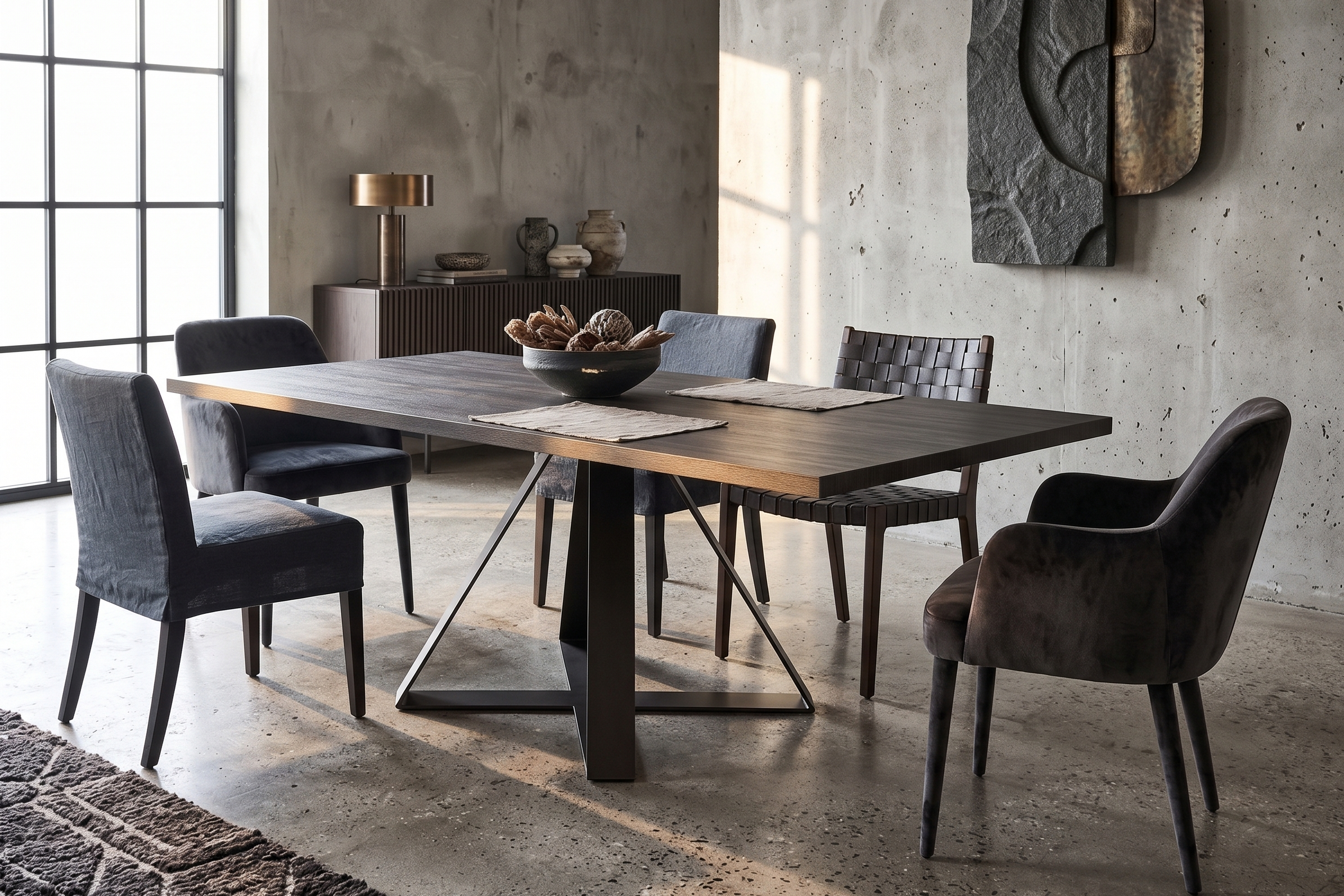 Crossroads dining table in dark-stained West Coast Beech on angled steel centre-frame, styled in a concrete-walled dining room