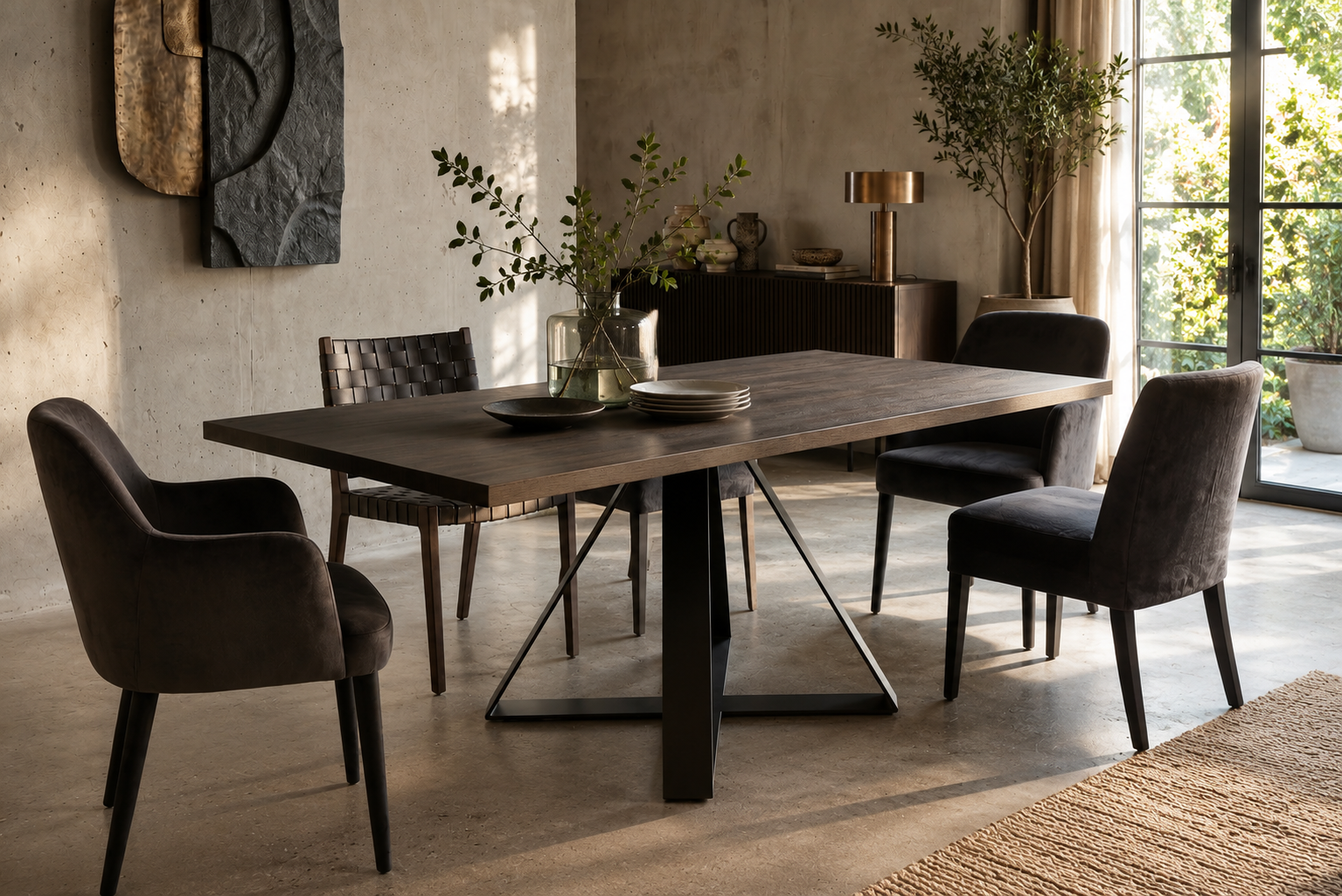 Dining room with a wooden table and chairs in a modern interior setting.