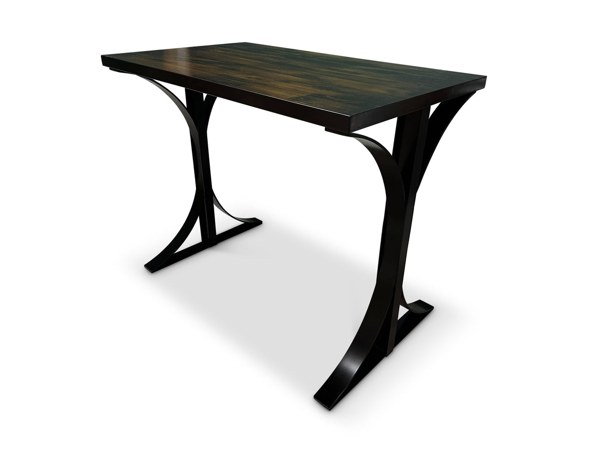 Dark rectangular table with black curved trestle-style legs
