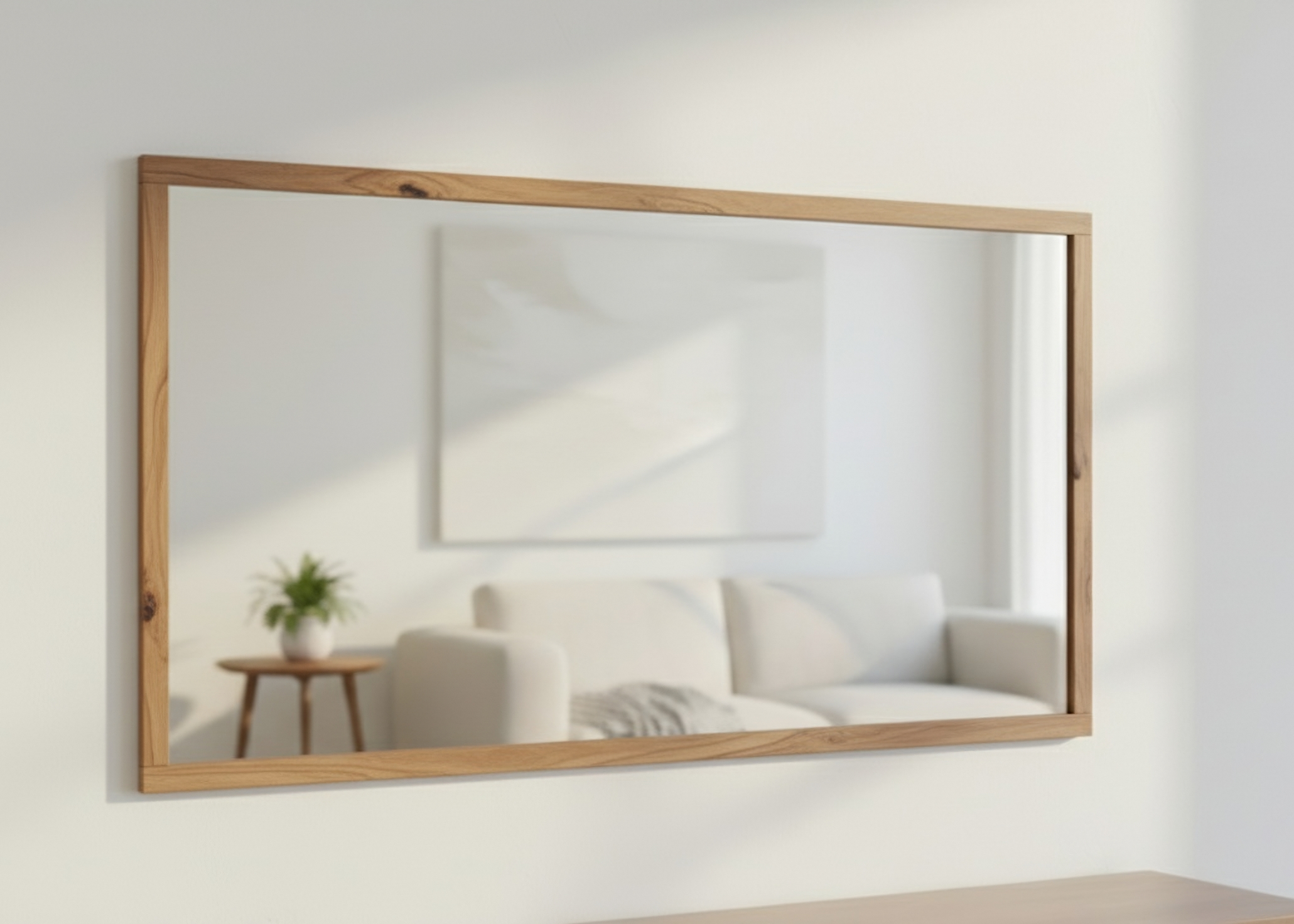Wide rectangular wall mirror with a light-coloured frame above a bed