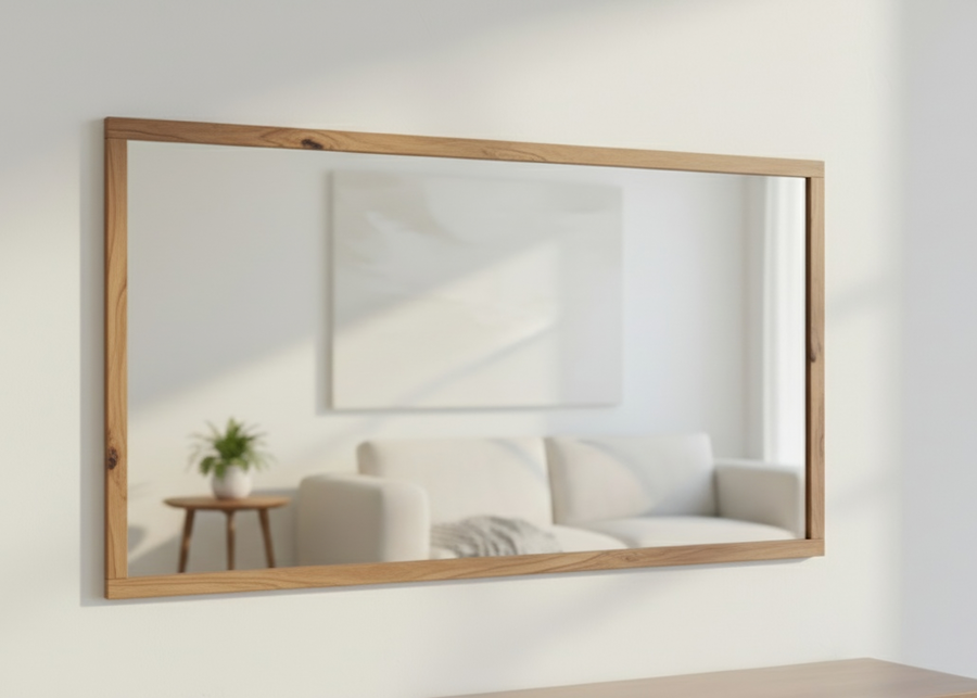 Wide rectangular wall mirror with a light-coloured frame above a bed
