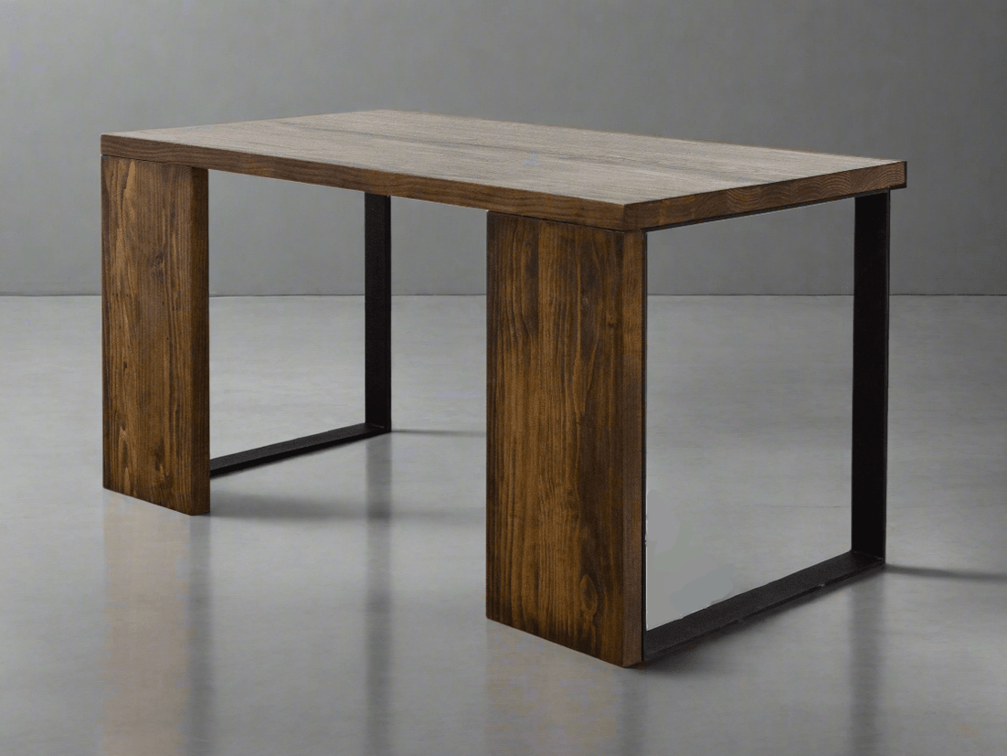 Rectangular desk with wood-grain top and mixed panel and frame legs